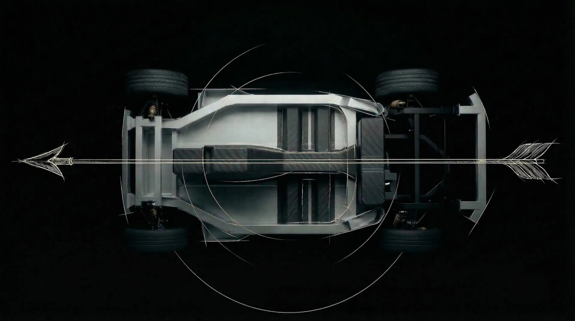 The FEP chassis from above - an arrow drawn through its centre axis